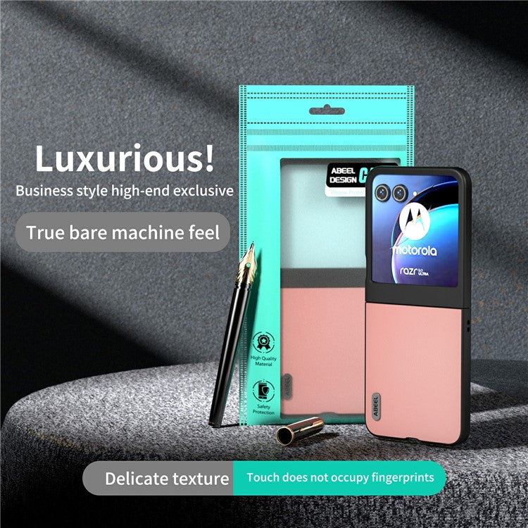 ABEEL For Motorola Razr 50 5G Case Wave Texture Genuine Cow Leather Coated PC Phone Cover - Pink