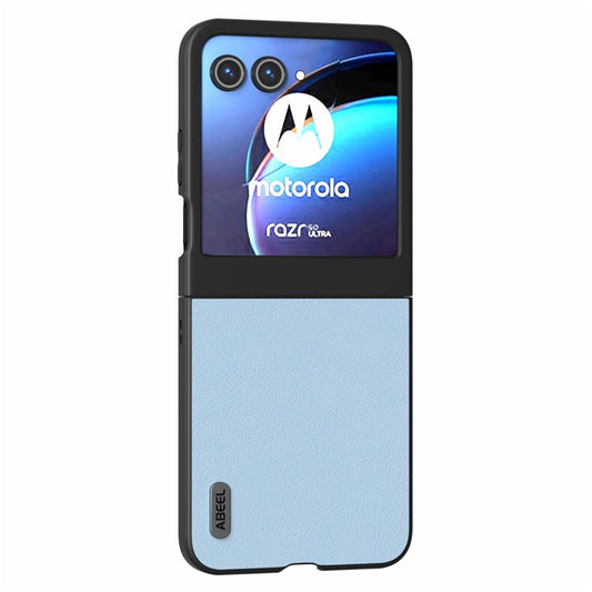 ABEEL For Motorola Razr 50 5G Case Wave Texture Genuine Cow Leather Coated PC Phone Cover - Blue