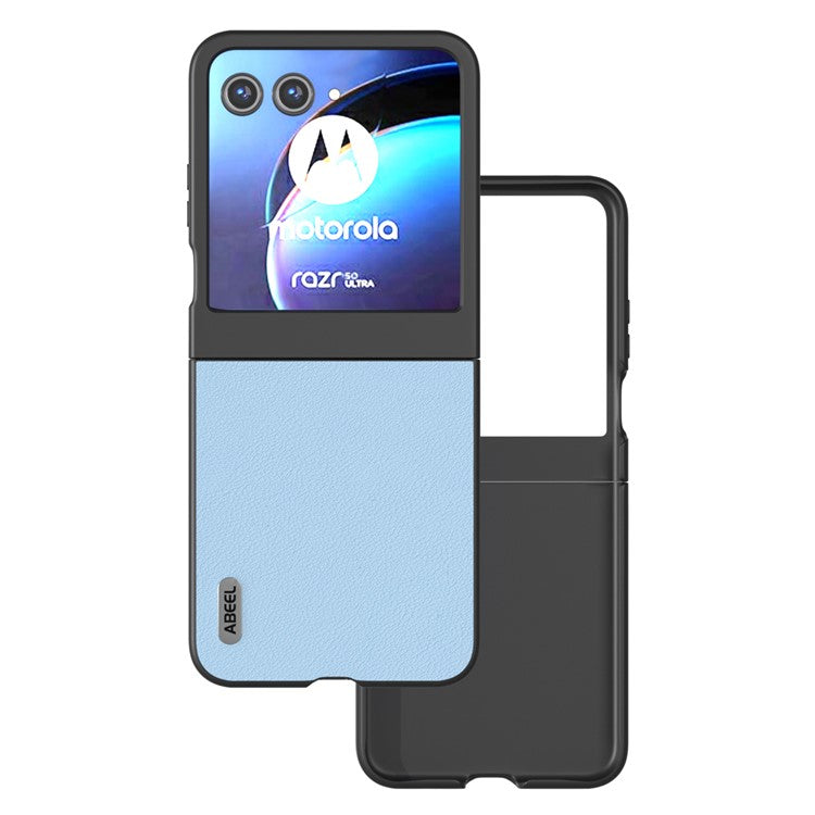 ABEEL For Motorola Razr 50 5G Case Wave Texture Genuine Cow Leather Coated PC Phone Cover - Blue
