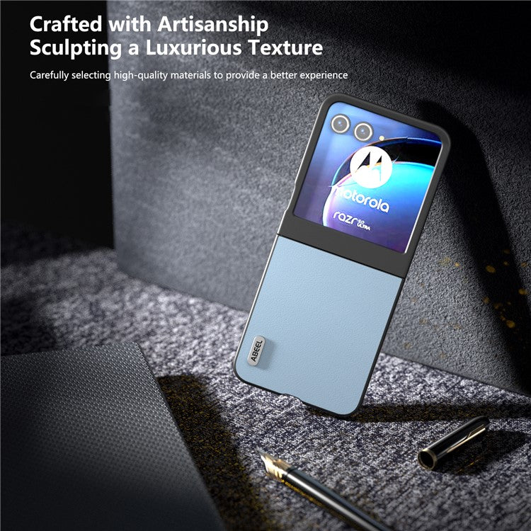 ABEEL For Motorola Razr 50 5G Case Wave Texture Genuine Cow Leather Coated PC Phone Cover - Blue