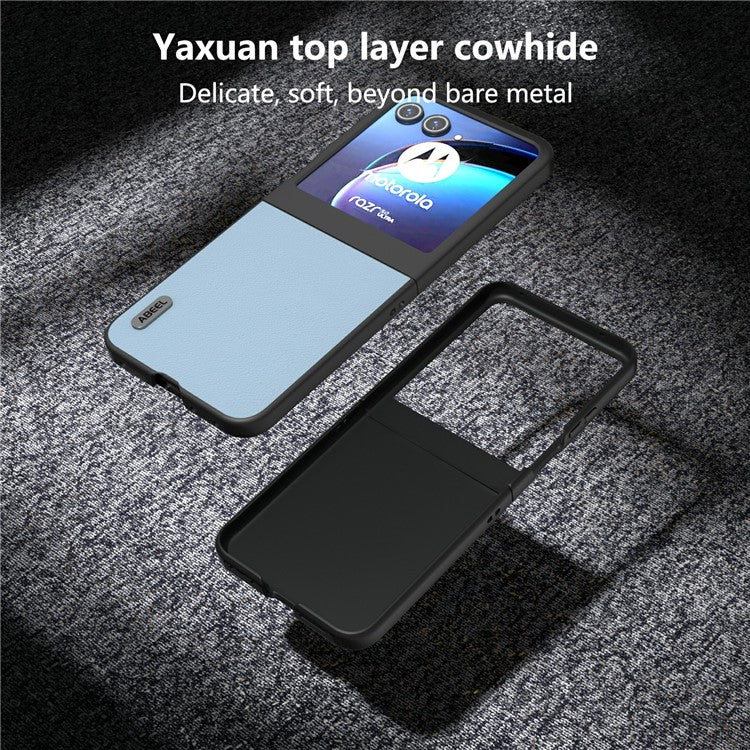 ABEEL For Motorola Razr 50 5G Case Wave Texture Genuine Cow Leather Coated PC Phone Cover - Blue