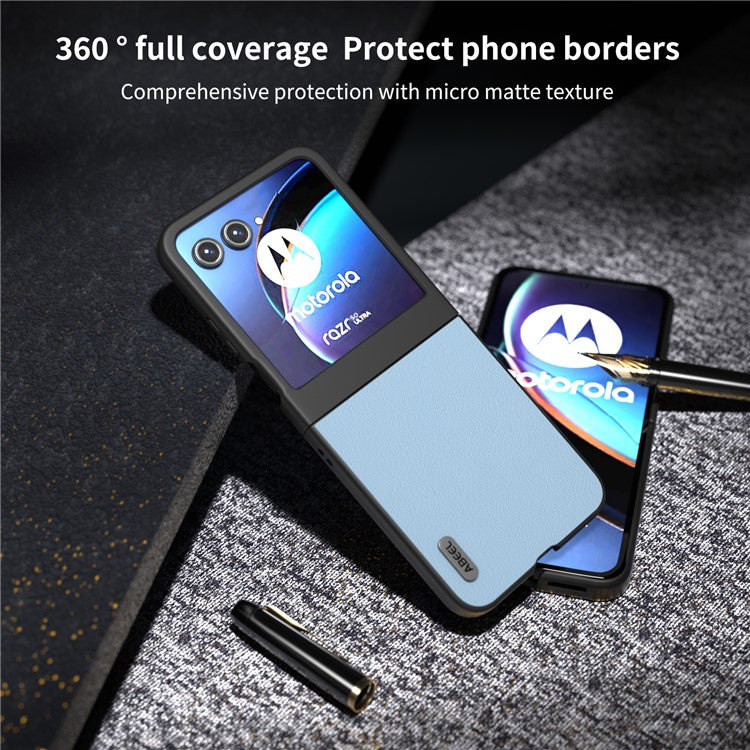 ABEEL For Motorola Razr 50 5G Case Wave Texture Genuine Cow Leather Coated PC Phone Cover - Blue