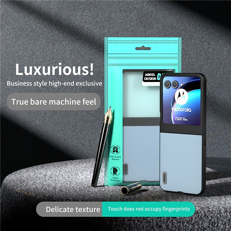ABEEL For Motorola Razr 50 5G Case Wave Texture Genuine Cow Leather Coated PC Phone Cover - Blue