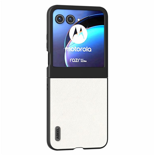 ABEEL For Motorola Razr 50 5G Case Wave Texture Genuine Cow Leather Coated PC Phone Cover - Grey White