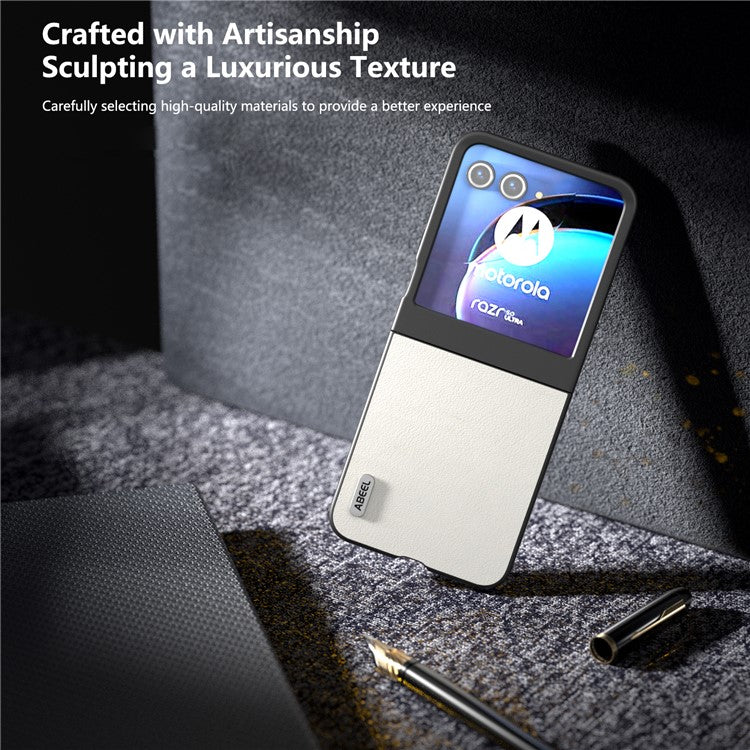ABEEL For Motorola Razr 50 5G Case Wave Texture Genuine Cow Leather Coated PC Phone Cover - Grey White