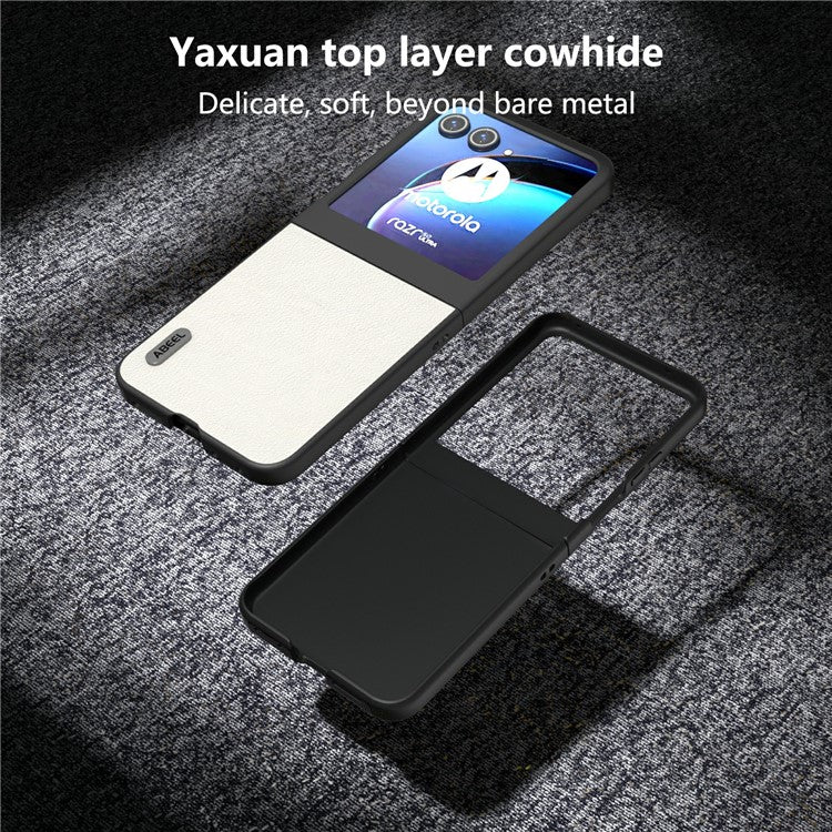 ABEEL For Motorola Razr 50 5G Case Wave Texture Genuine Cow Leather Coated PC Phone Cover - Grey White