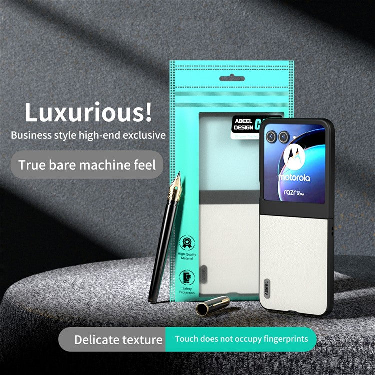 ABEEL For Motorola Razr 50 5G Case Wave Texture Genuine Cow Leather Coated PC Phone Cover - Grey White