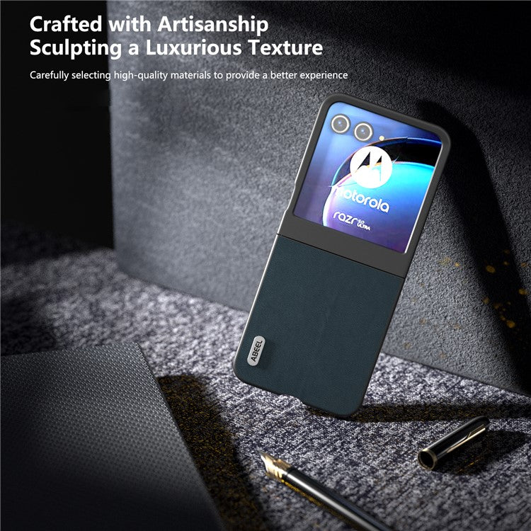 ABEEL For Motorola Razr 50 5G Case Wave Texture Genuine Cow Leather Coated PC Phone Cover - Green