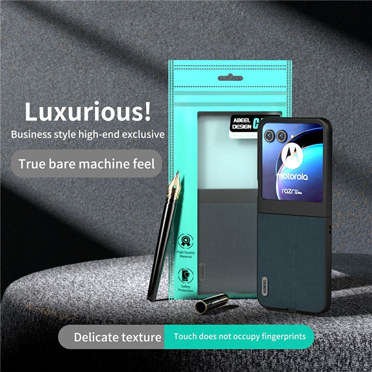 ABEEL For Motorola Razr 50 5G Case Wave Texture Genuine Cow Leather Coated PC Phone Cover - Green