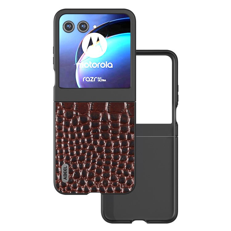 ABEEL For Motorola Razr 50 5G Case Crocodile Texture Genuine Cow Leather+PC Phone Cover - Coffee
