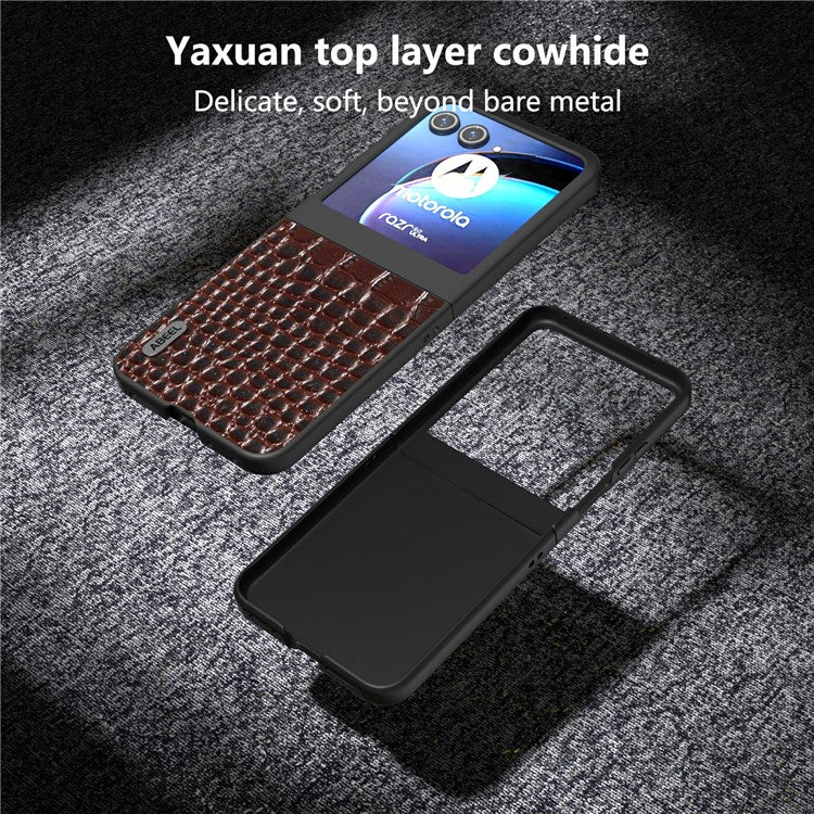 ABEEL For Motorola Razr 50 5G Case Crocodile Texture Genuine Cow Leather+PC Phone Cover - Coffee