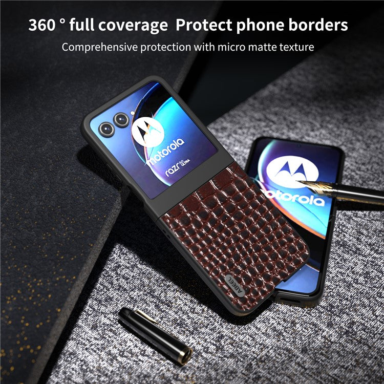 ABEEL For Motorola Razr 50 5G Case Crocodile Texture Genuine Cow Leather+PC Phone Cover - Coffee