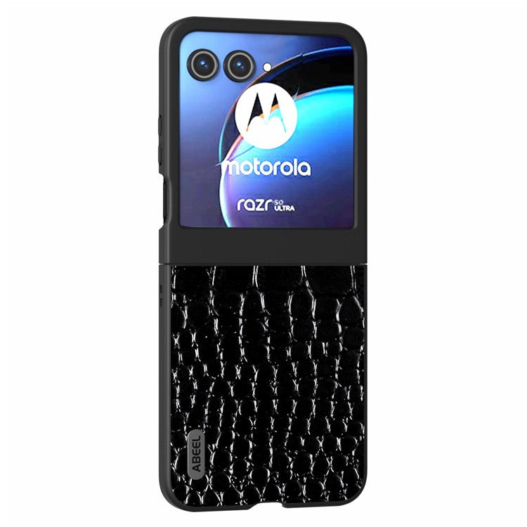 ABEEL For Motorola Razr 50 5G Case Crocodile Texture Genuine Cow Leather+PC Phone Cover - Black