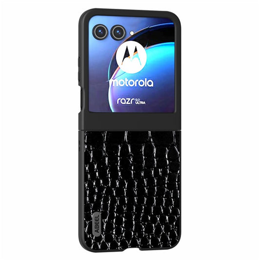 ABEEL For Motorola Razr 50 5G Case Crocodile Texture Genuine Cow Leather+PC Phone Cover - Black