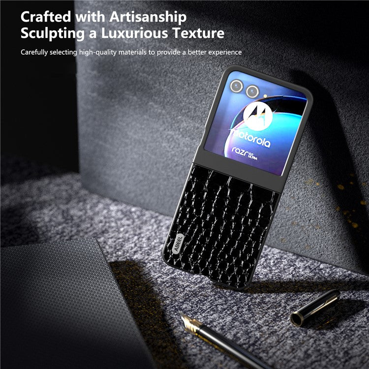 ABEEL For Motorola Razr 50 5G Case Crocodile Texture Genuine Cow Leather+PC Phone Cover - Black