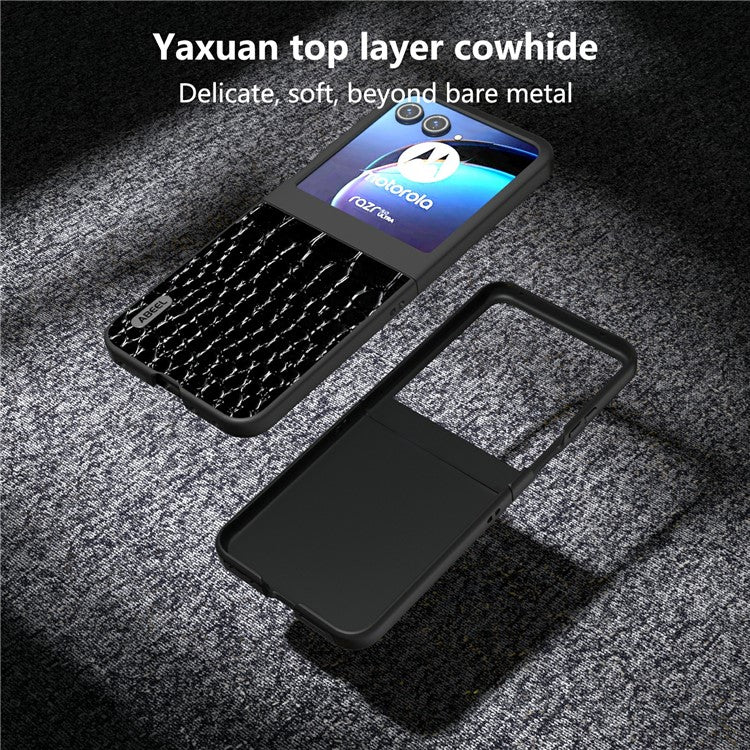 ABEEL For Motorola Razr 50 5G Case Crocodile Texture Genuine Cow Leather+PC Phone Cover - Black