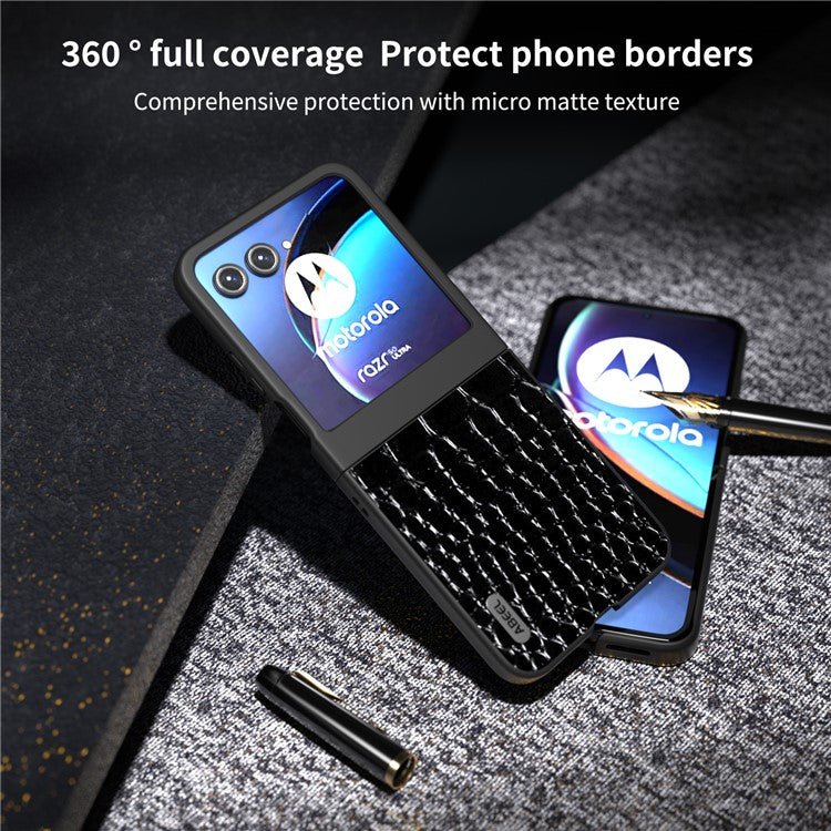 ABEEL For Motorola Razr 50 5G Case Crocodile Texture Genuine Cow Leather+PC Phone Cover - Black