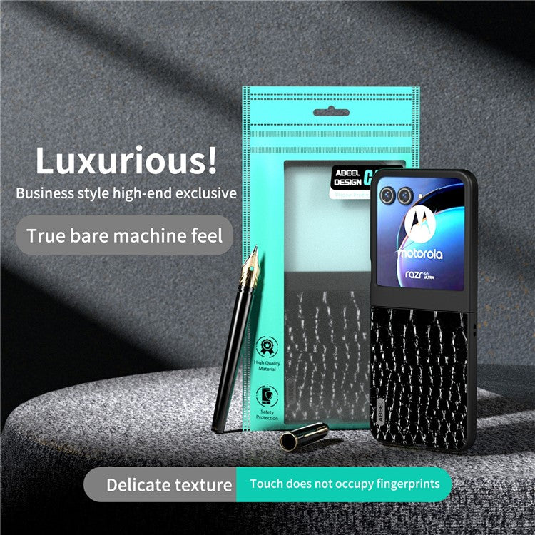 ABEEL For Motorola Razr 50 5G Case Crocodile Texture Genuine Cow Leather+PC Phone Cover - Black