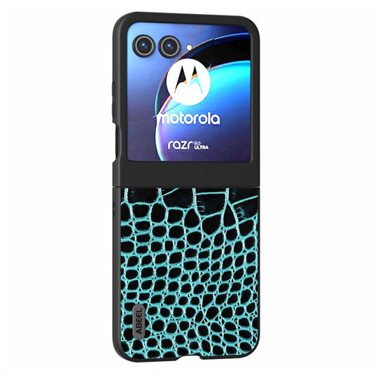 ABEEL For Motorola Razr 50 5G Case Crocodile Texture Genuine Cow Leather+PC Phone Cover - Midnight Green