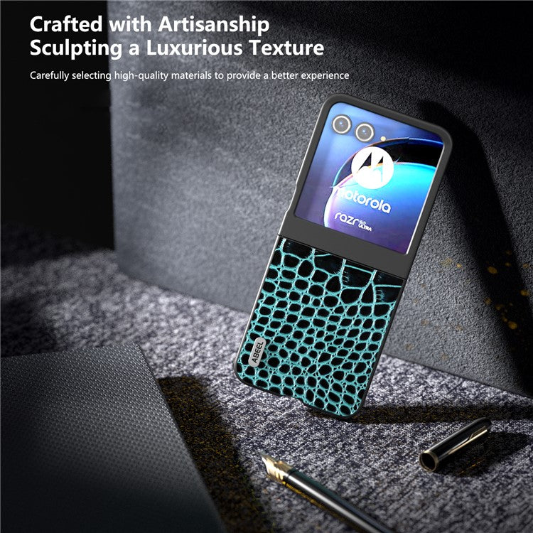 ABEEL For Motorola Razr 50 5G Case Crocodile Texture Genuine Cow Leather+PC Phone Cover - Midnight Green