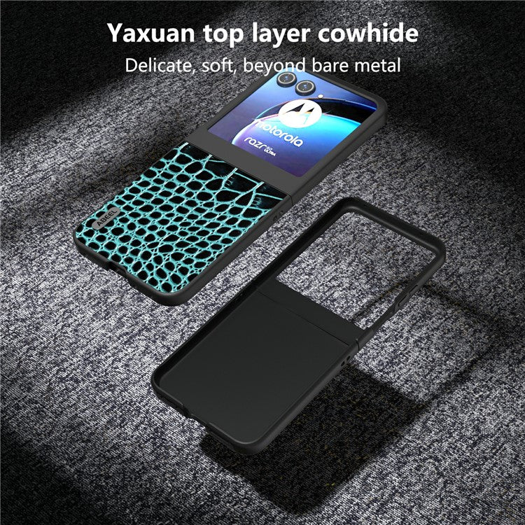 ABEEL For Motorola Razr 50 5G Case Crocodile Texture Genuine Cow Leather+PC Phone Cover - Midnight Green