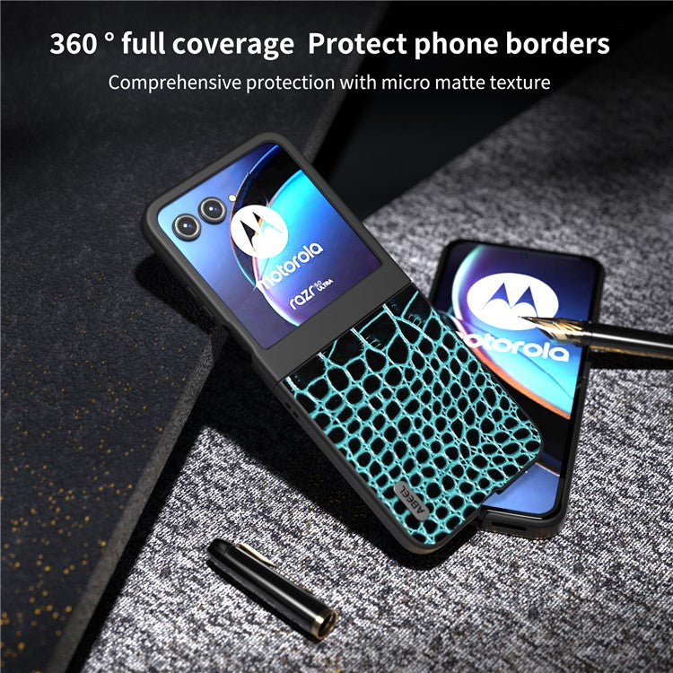 ABEEL For Motorola Razr 50 5G Case Crocodile Texture Genuine Cow Leather+PC Phone Cover - Midnight Green