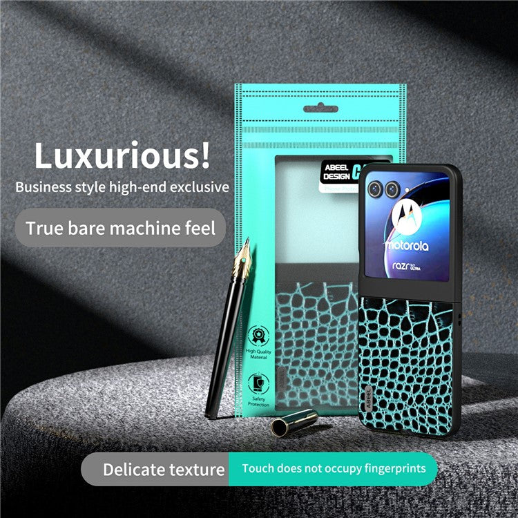ABEEL For Motorola Razr 50 5G Case Crocodile Texture Genuine Cow Leather+PC Phone Cover - Midnight Green