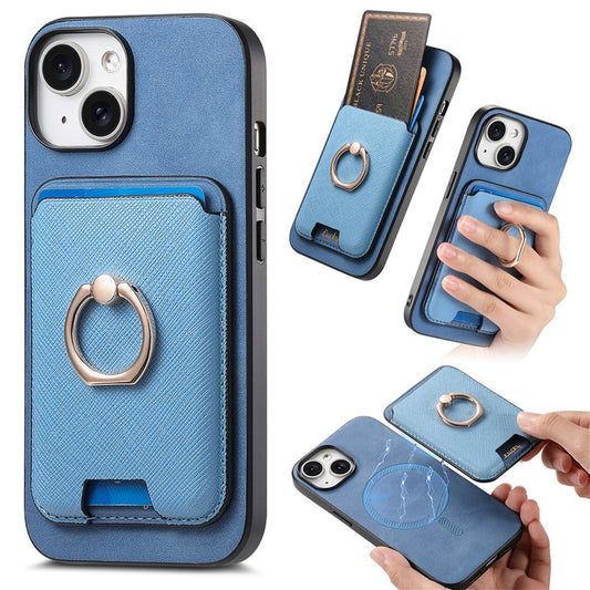 For iPhone 14 Case Ring Kickstand Phone Cover with Detachable Magnetic Card Slot - Blue