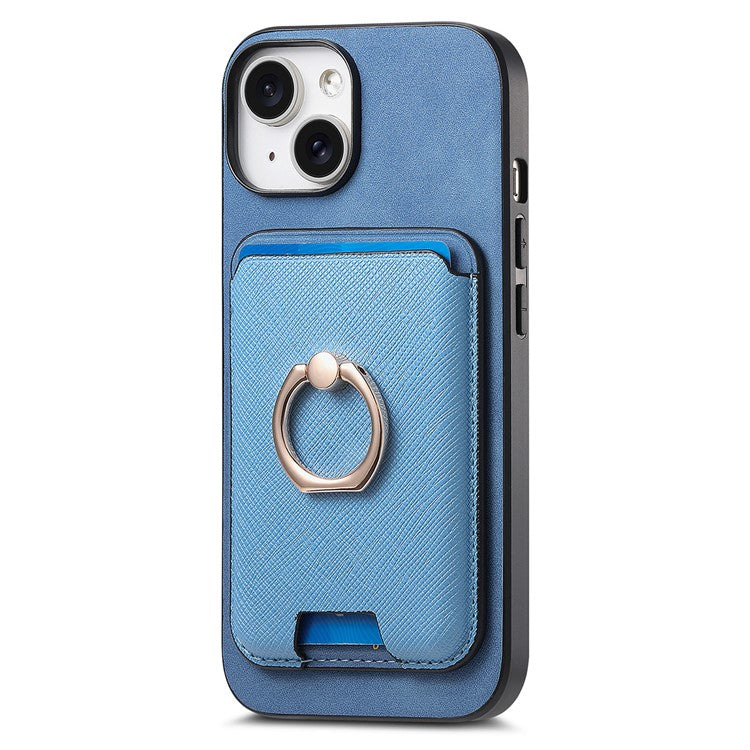 For iPhone 14 Case Ring Kickstand Phone Cover with Detachable Magnetic Card Slot - Blue