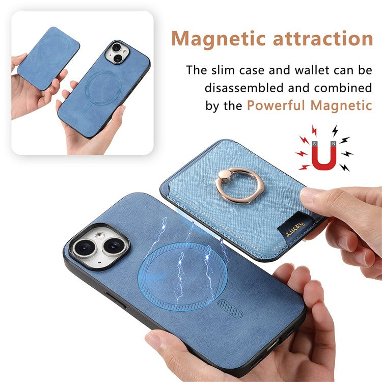 For iPhone 14 Case Ring Kickstand Phone Cover with Detachable Magnetic Card Slot - Blue