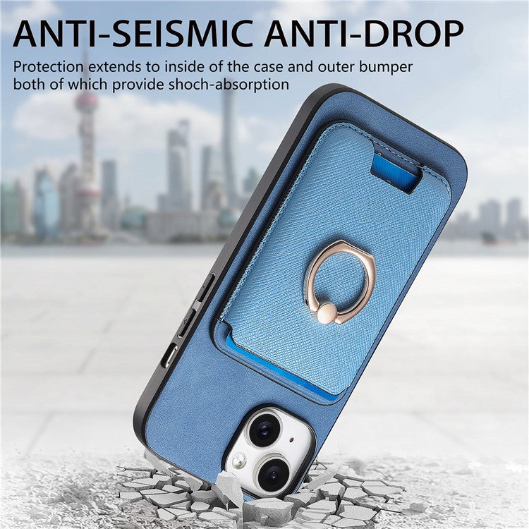 For iPhone 14 Case Ring Kickstand Phone Cover with Detachable Magnetic Card Slot - Blue