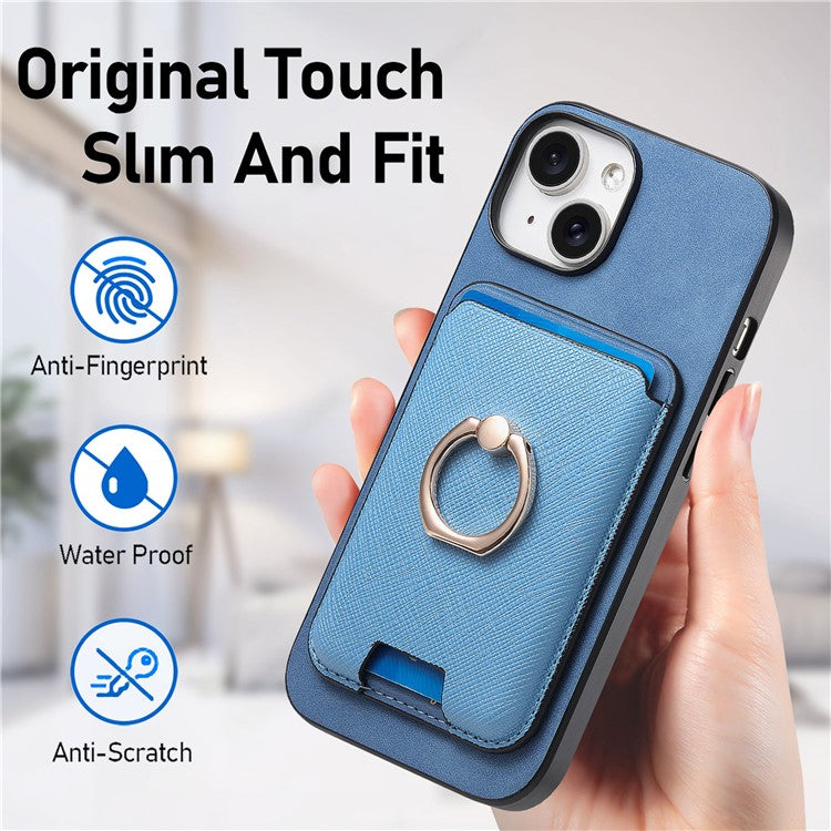 For iPhone 14 Case Ring Kickstand Phone Cover with Detachable Magnetic Card Slot - Blue