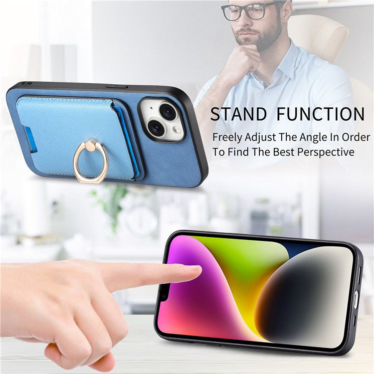 For iPhone 14 Case Ring Kickstand Phone Cover with Detachable Magnetic Card Slot - Blue