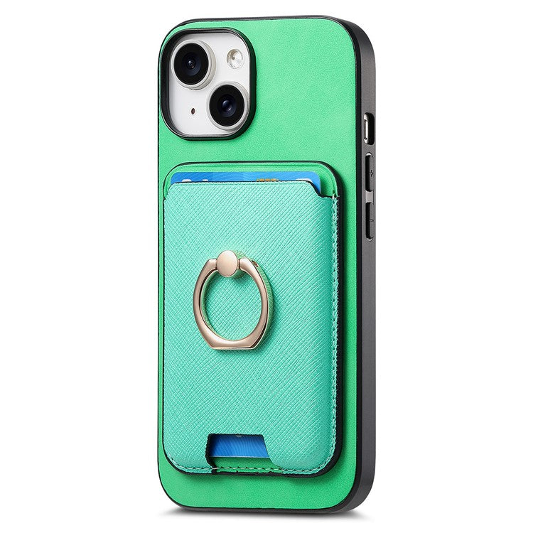 For iPhone 14 Case Ring Kickstand Phone Cover with Detachable Magnetic Card Slot - Green