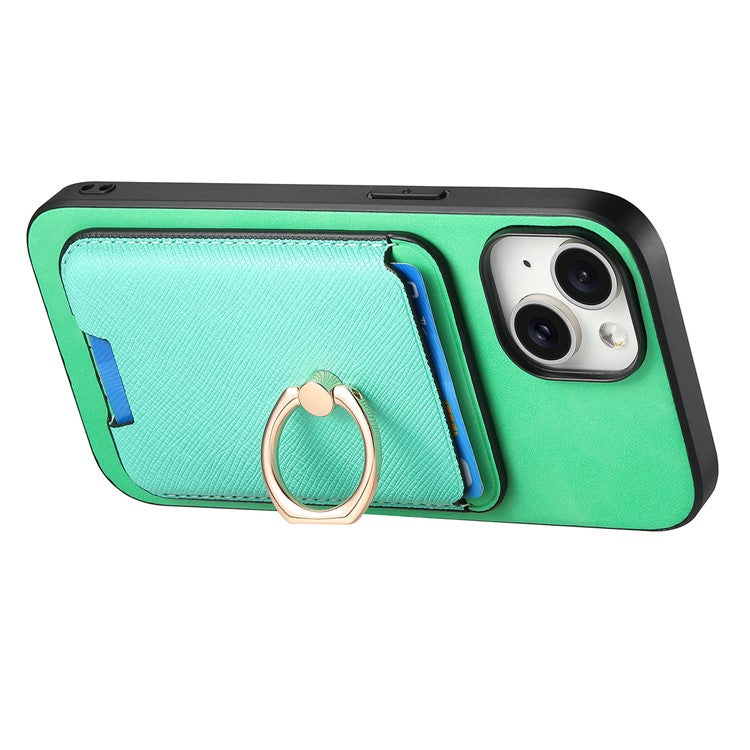For iPhone 14 Case Ring Kickstand Phone Cover with Detachable Magnetic Card Slot - Green