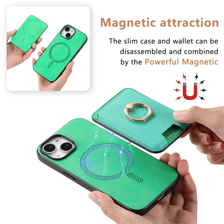 For iPhone 14 Case Ring Kickstand Phone Cover with Detachable Magnetic Card Slot - Green