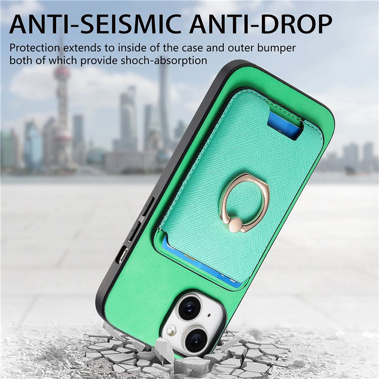 For iPhone 14 Case Ring Kickstand Phone Cover with Detachable Magnetic Card Slot - Green
