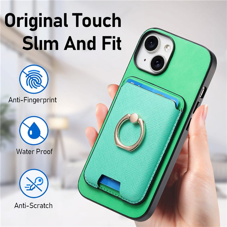 For iPhone 14 Case Ring Kickstand Phone Cover with Detachable Magnetic Card Slot - Green