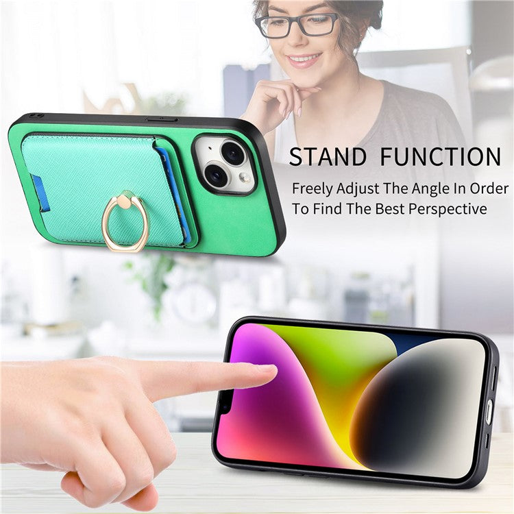 For iPhone 14 Case Ring Kickstand Phone Cover with Detachable Magnetic Card Slot - Green