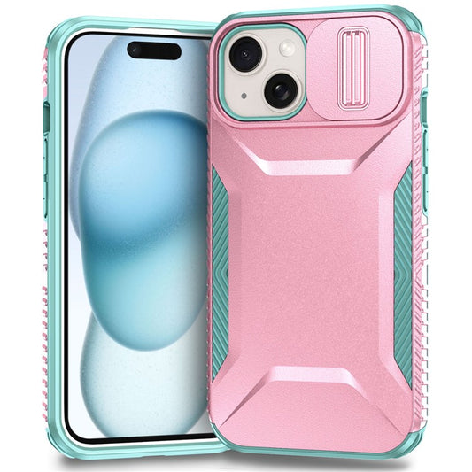 For iPhone 14 Plus / 15 Plus Case CamShield TPU+PC Phone Cover Shockproof Dustproof - Pink / Grey Green