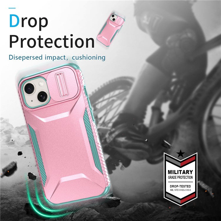 For iPhone 14 Plus / 15 Plus Case CamShield TPU+PC Phone Cover Shockproof Dustproof - Pink / Grey Green