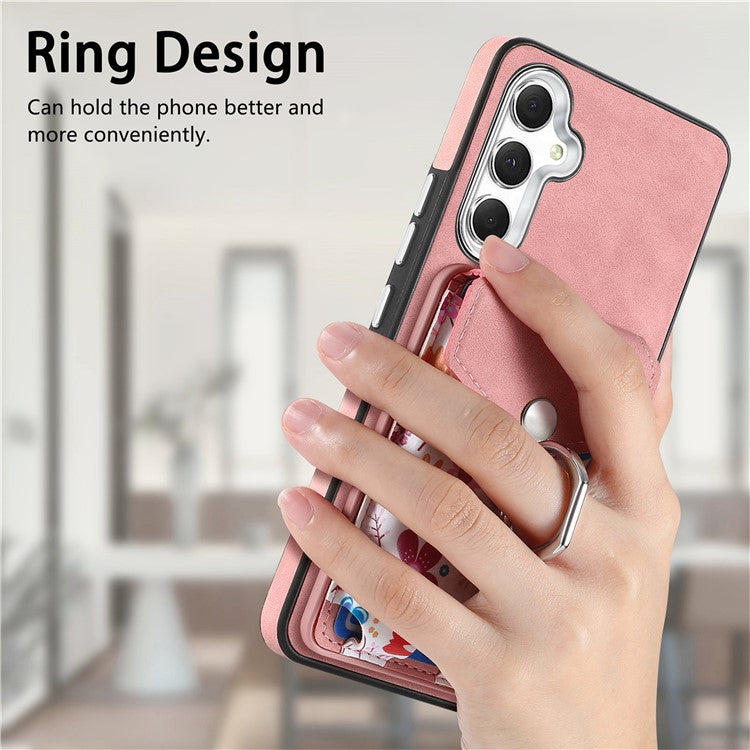E3 For Samsung Galaxy A15 4G / 5G Magnetic Phone Case Card Bag Leather+TPU Cover - Pink