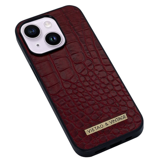 VIETAO For iPhone 14 Plus Phone Case Business Style Crocodile Texture PU Leather+PC+TPU Shockproof Phone Cover - Wine Red