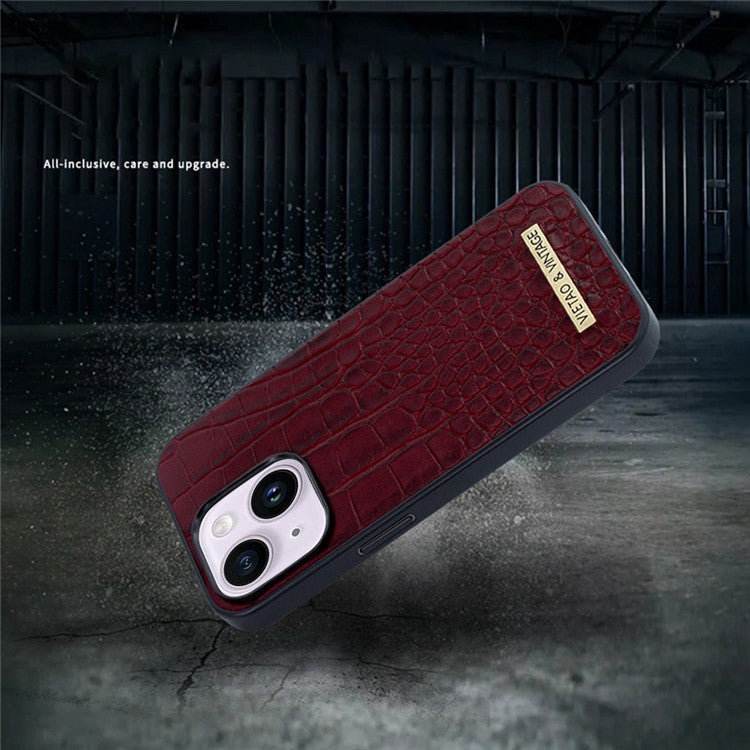 VIETAO For iPhone 14 Plus Phone Case Business Style Crocodile Texture PU Leather+PC+TPU Shockproof Phone Cover - Wine Red