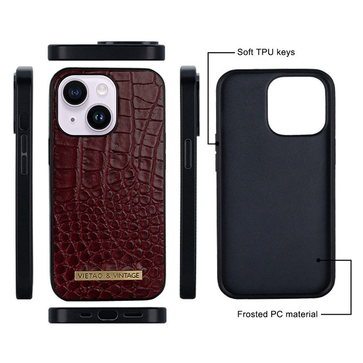 VIETAO For iPhone 14 Plus Phone Case Business Style Crocodile Texture PU Leather+PC+TPU Shockproof Phone Cover - Wine Red