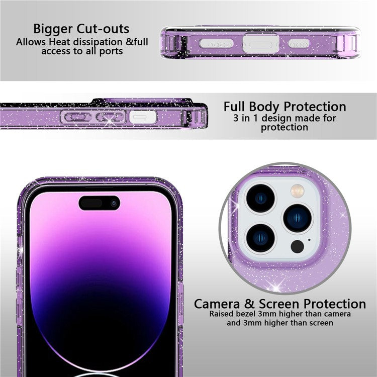GW18 For iPhone 14 Pro Max Glitter Powder Transparent TPU Case Anti-Scratch Anti-drop Phone Back Cover - Transparent Purple