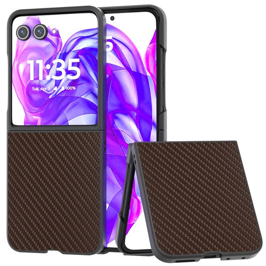 ABEEL For Motorola Razr 50 Ultra 5G Phone Case Carbon Fiber Texture PU+PC Cover - Brown
