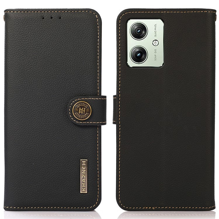KHAZNEH For Motorola Moto G64 5G Case Genuine Cow Leather Wallet Phone Cover - Black