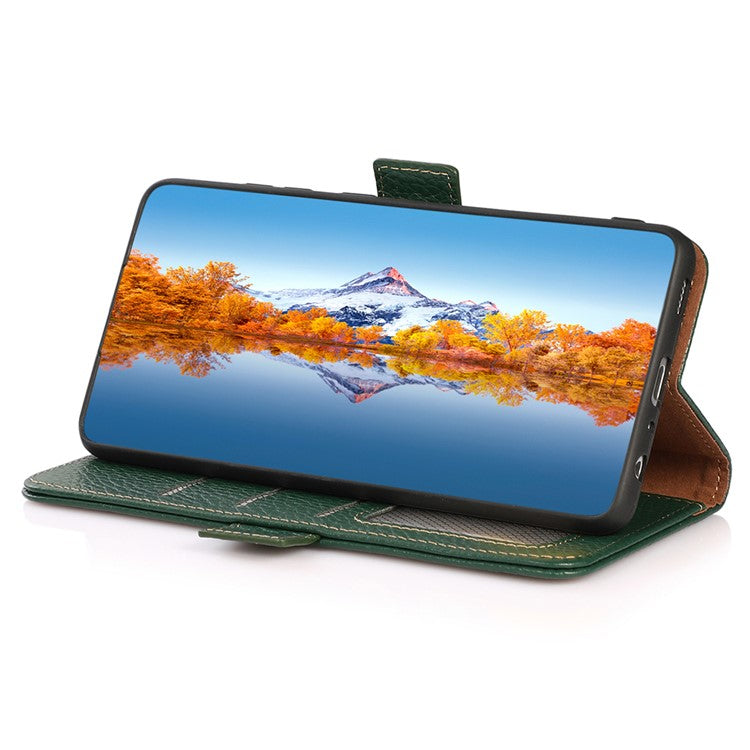 KHAZNEH For Motorola Moto G64 5G Phone Case RFID Blocking Genuine Cow Leather Flip Cover - Green