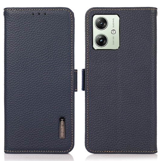 KHAZNEH For Motorola Moto G64 5G Phone Case RFID Blocking Genuine Cow Leather Flip Cover - Blue